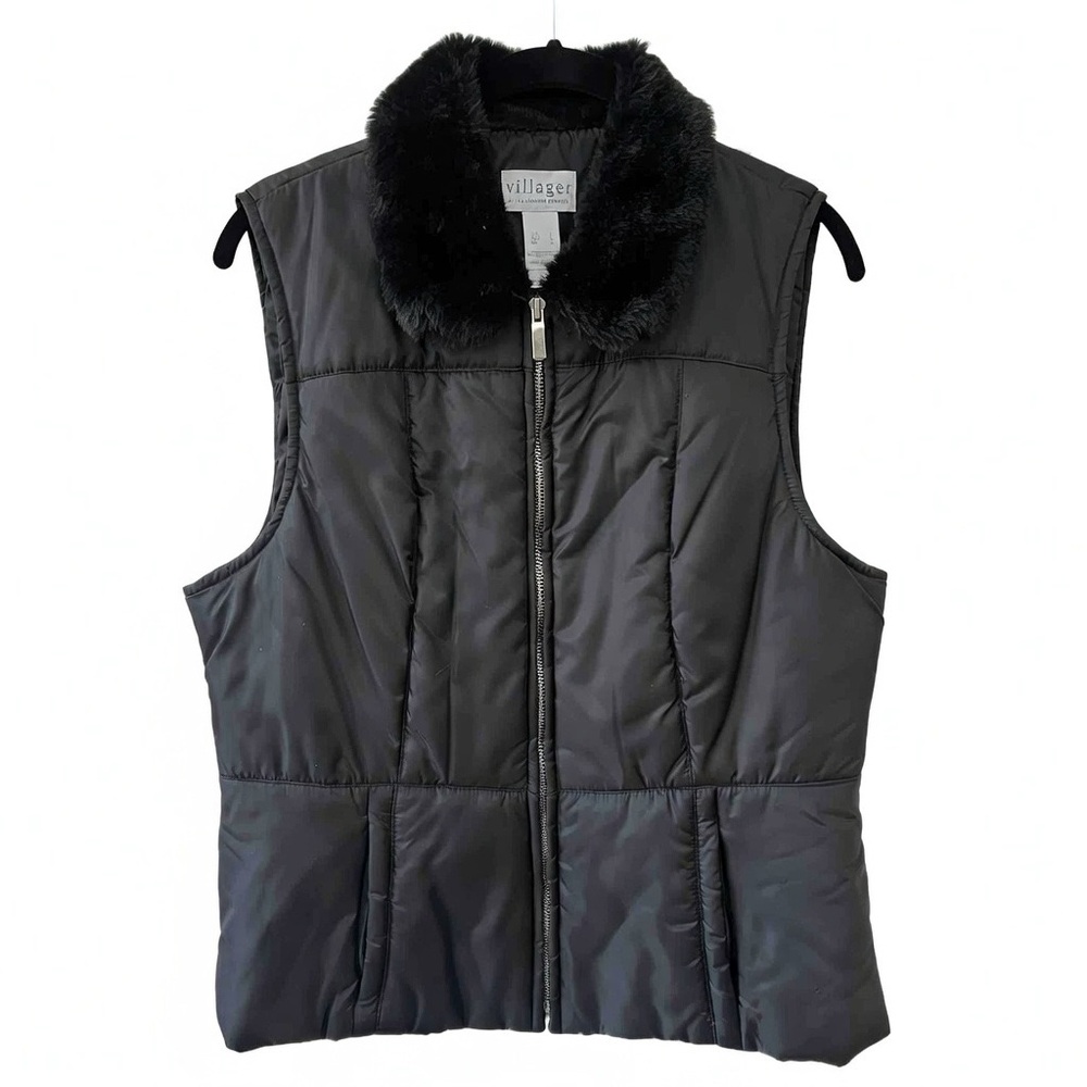 Villager by Liz Claiborne Black Faux Fur Collar Puffer Vest Size L